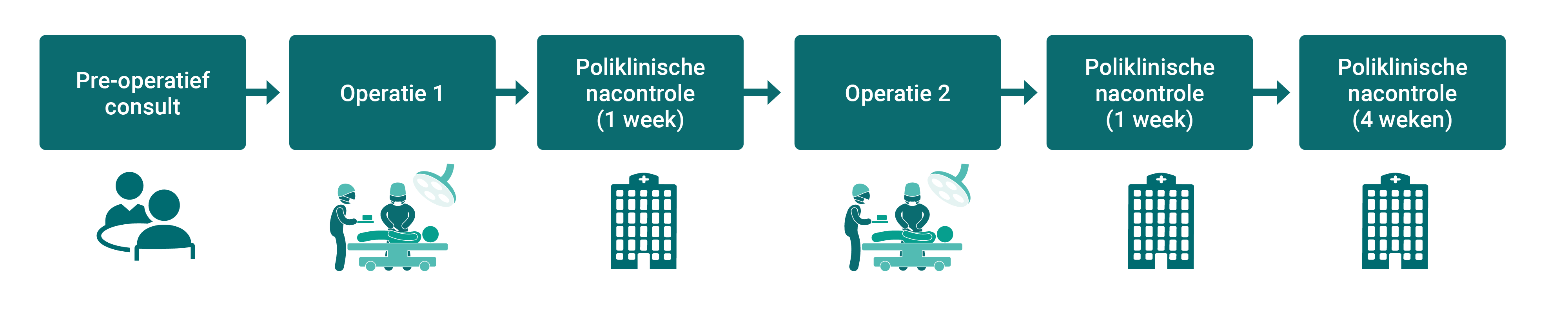 De standaard werkwijze DSBCS bevat 6 processtappen: pre-operatief consult, operatie 1, poliklinische nacontrole na 1 week, operatie 2, poliklinische nacontrole na 1 week, poliklinische nacontrole na 4 weken.