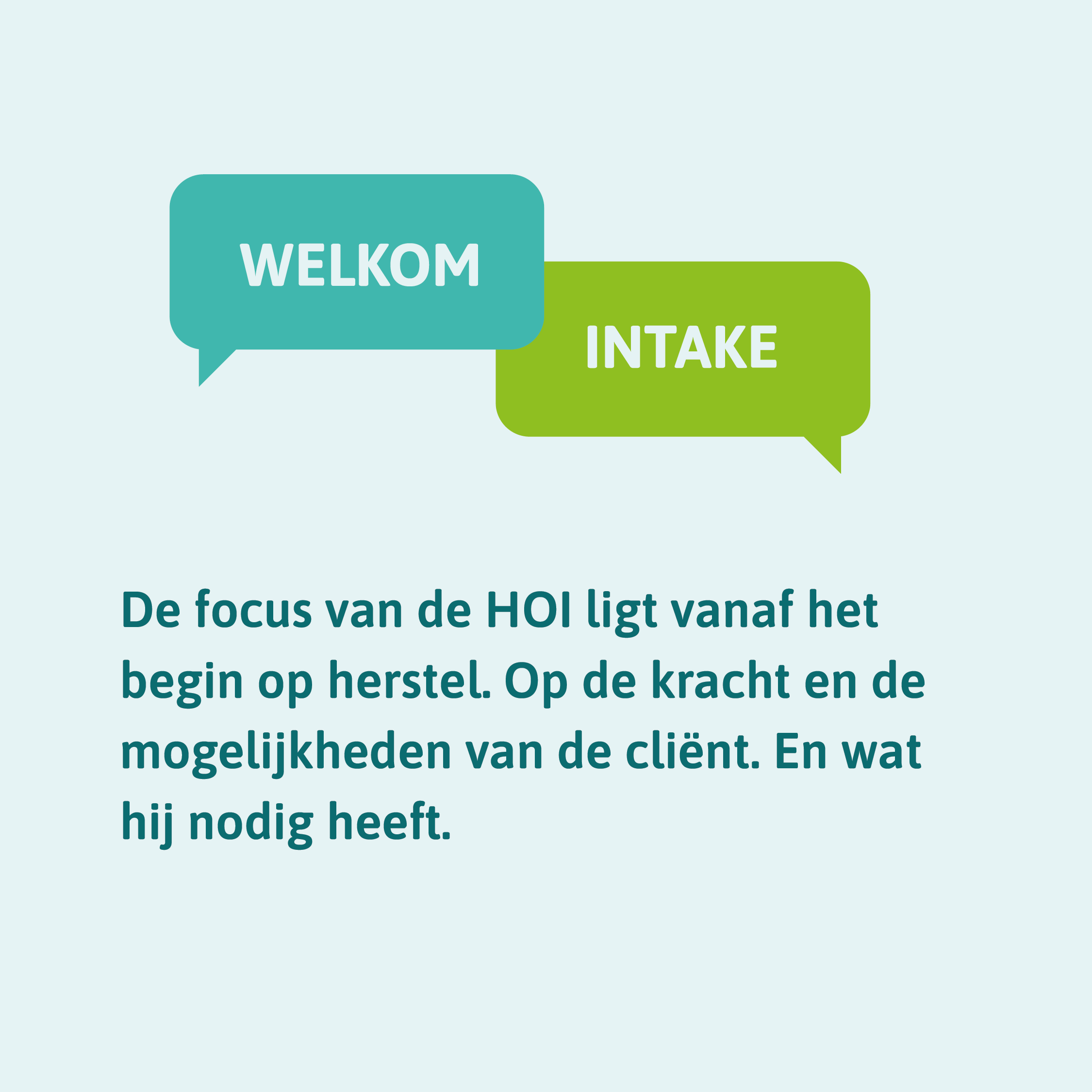 De focus van de HOI ligt vanaf het begin op herstel. Op de kracht en de mogelijkheden van de cliënt. En wat hij nodig heeft.